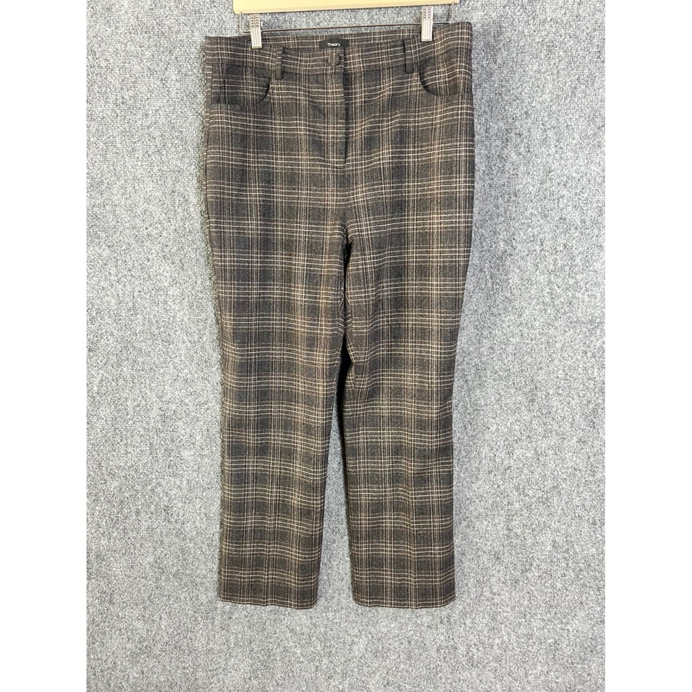Theory Straight Jean Auburn Plaid Wool Blend Pants Brown Tan Size 12 K0801218